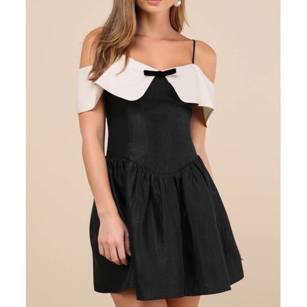 NWT Lulus Upscale Desire Black Contrast Off-the-Shoulder Mini Dress XL